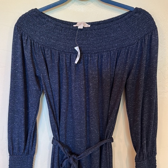 NWT Smoky Blue poly/linen blend LOFT smocked dress long sleeve XS - Picture 4 of 11